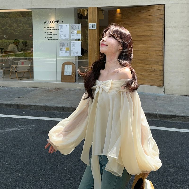 Off Shoulder Top - Franse stijl off-shoulder shirt met pofmouwen