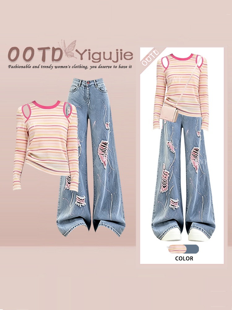 Women Fashion Jeans Top - Hoge taille gebreide dopamine gestreepte top