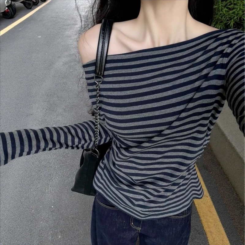Off Shoulder Top - Dames Vintage Gestreepte Off-Shoulder Top met