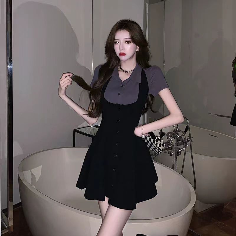 Women'S Fashion Petite - Pure Desire Hong Kong-stijl nep-tweedelige schortjurk,